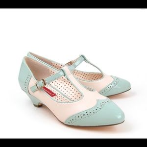 BAIT Ione mint and cream t-strap heels